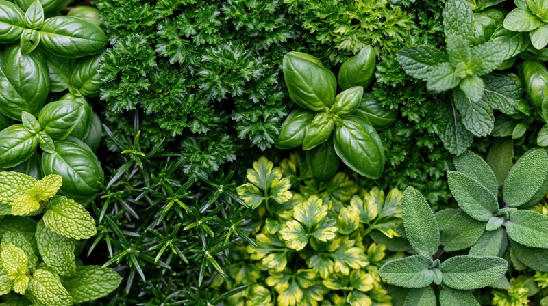 Overhead view of a dense mix of fresh green herbs including basil, parsley, mint, rosemary, and sage arranged in a garden bed