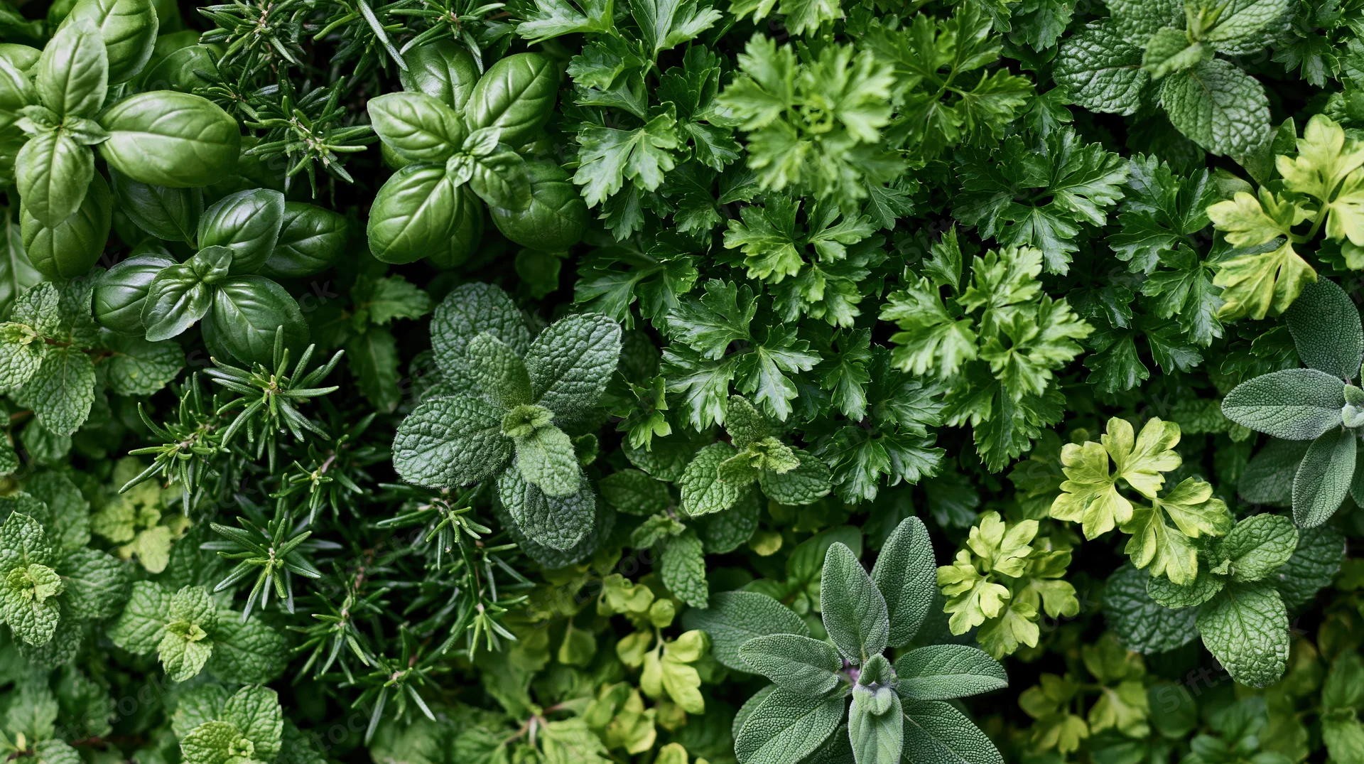 Overhead view of a dense mix of fresh culinary herbs growing together in a garden bed