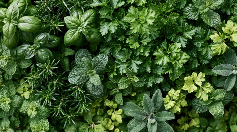 Overhead view of a dense mix of fresh culinary herbs growing together in a garden bed