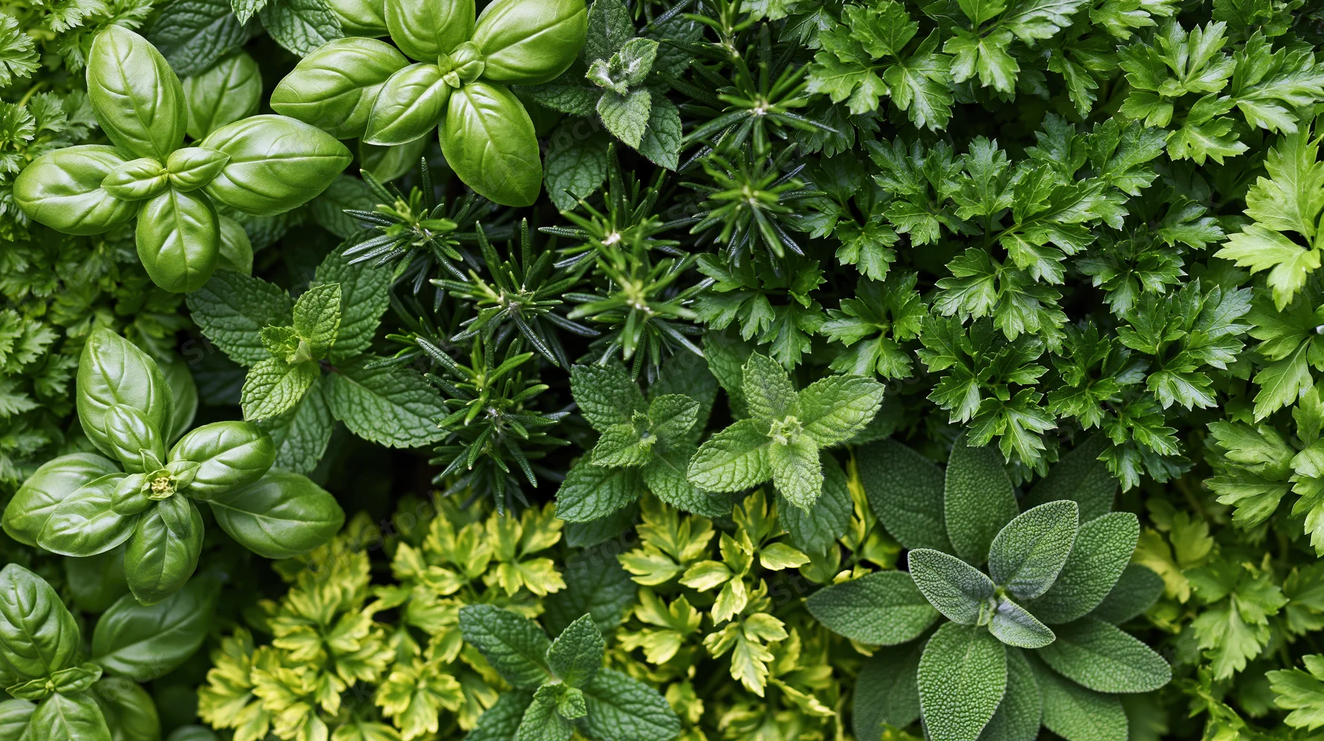 Overhead view of a dense mixed herb garden filled with fresh green leaves