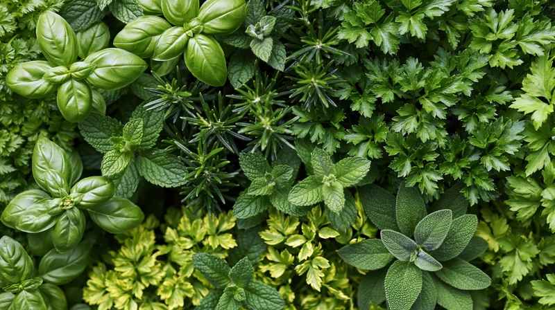 Overhead view of a dense mixed herb garden filled with fresh green leaves