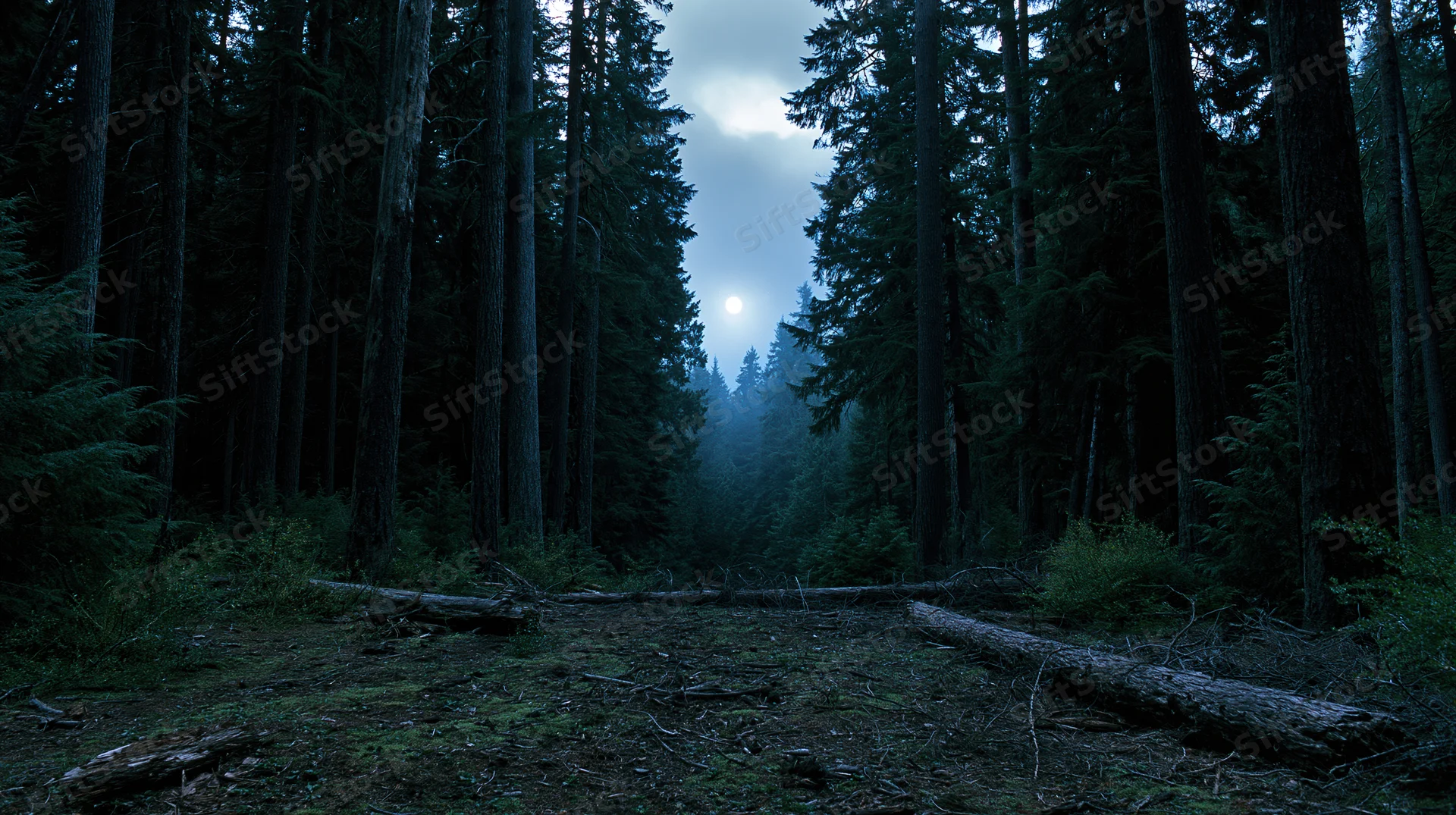 Dense old-growth forest at night with moonlight filtering through tall conifer trees along a mossy trail