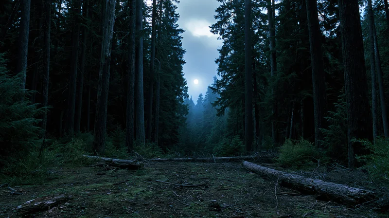 Dense old-growth forest at night with moonlight filtering through tall conifer trees along a mossy trail