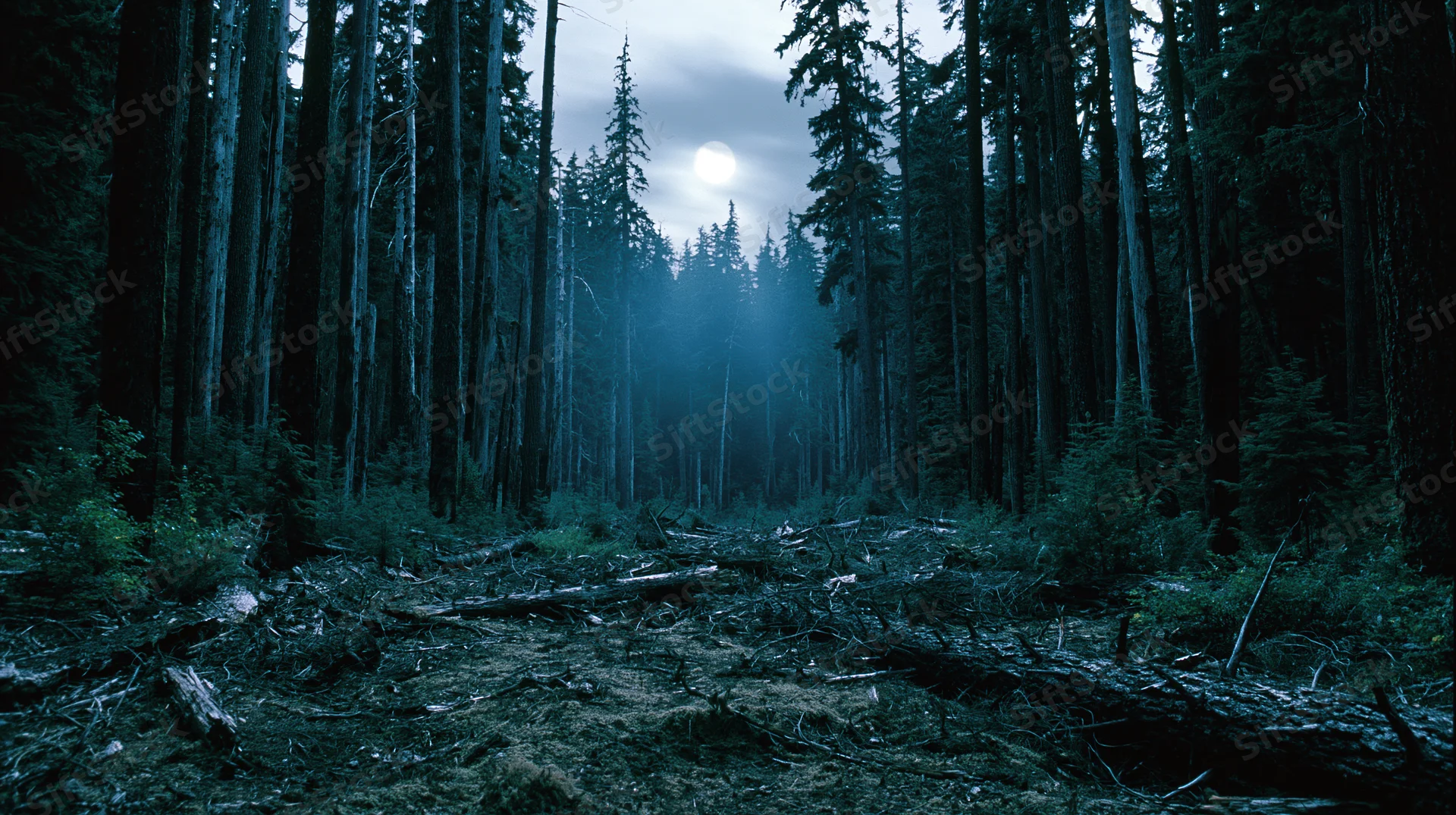 Moonlit old-growth forest at night with tall conifers and misty path