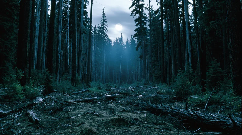 Moonlit old-growth forest at night with tall conifers and misty path