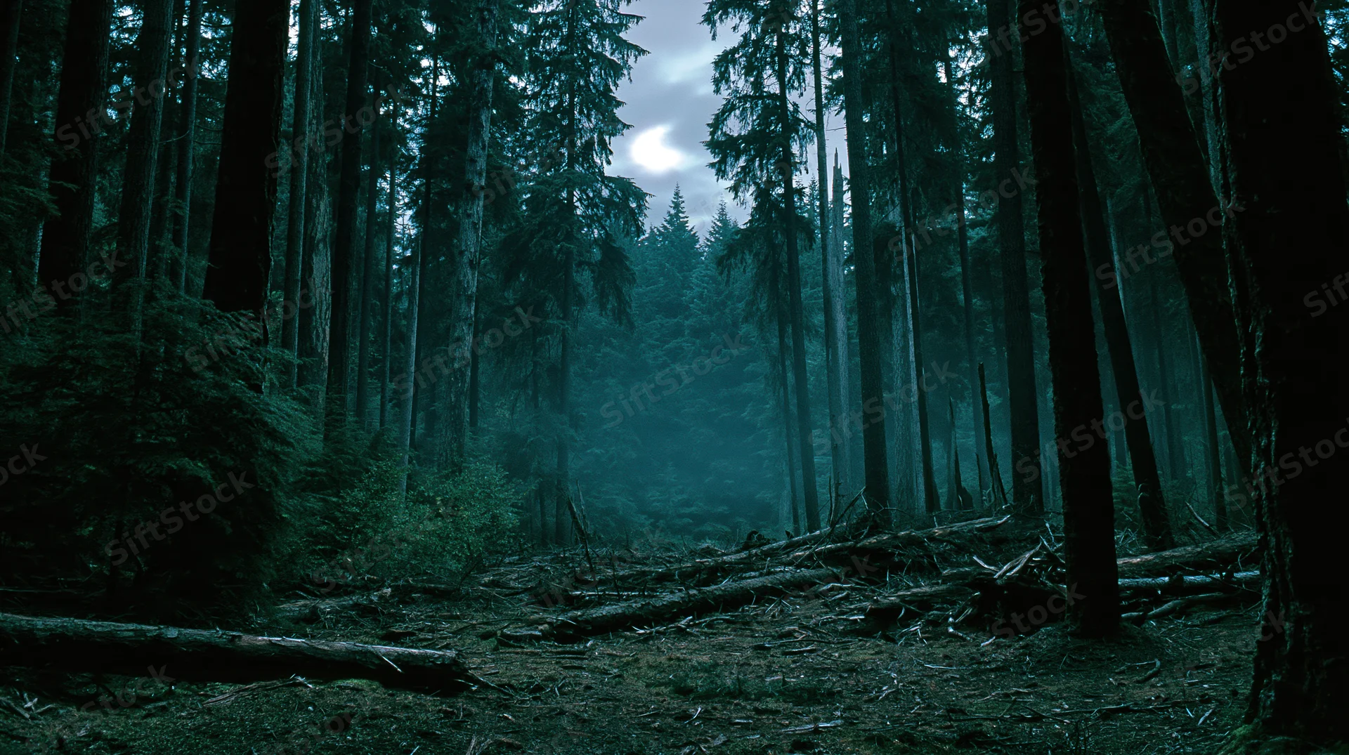 Dense old-growth forest at night with tall conifers and moonlight filtering through misty canopy