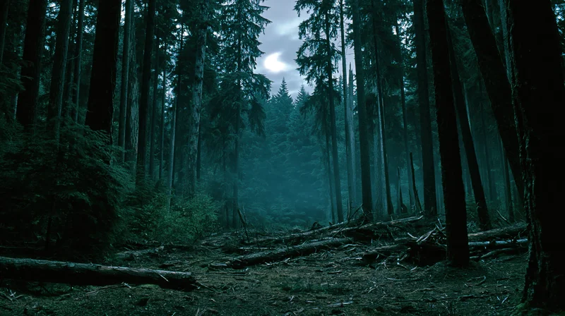 Dense old-growth forest at night with tall conifers and moonlight filtering through misty canopy
