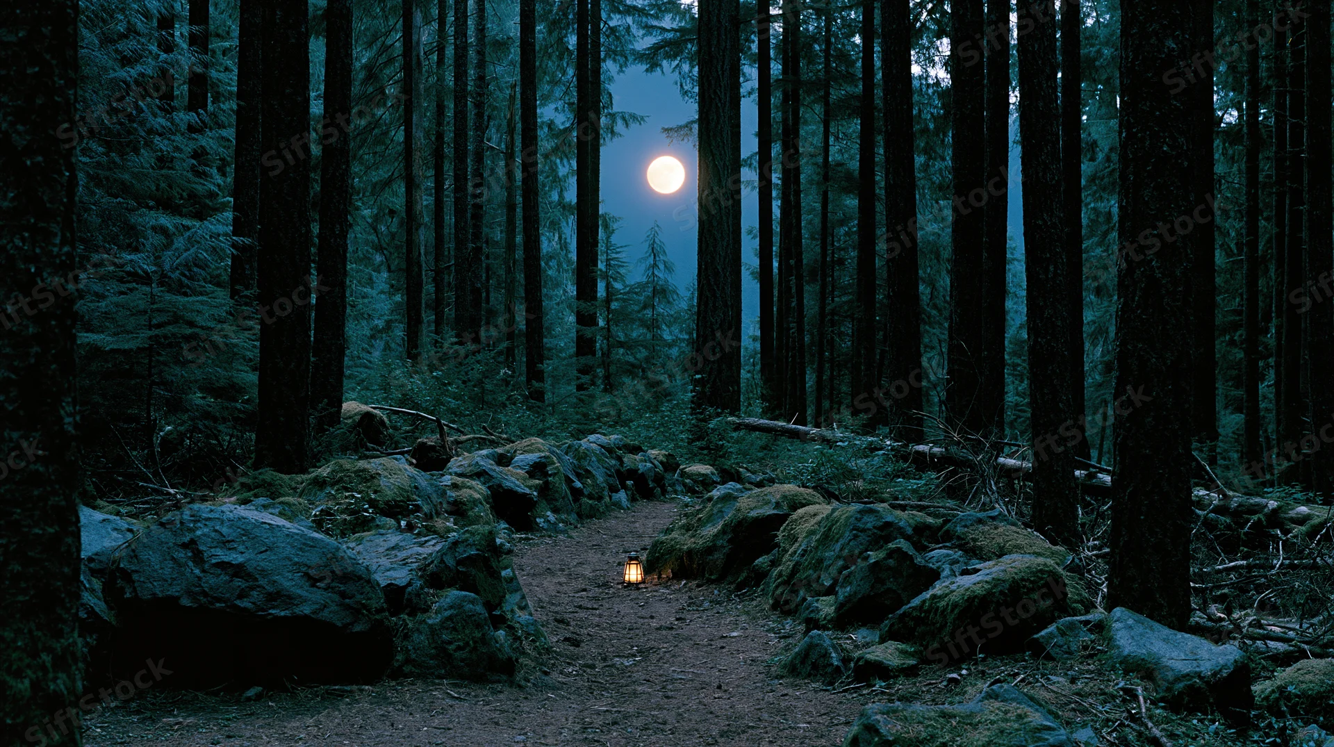 Moonlit dirt path winding through dense old-growth forest at night with lantern on ground