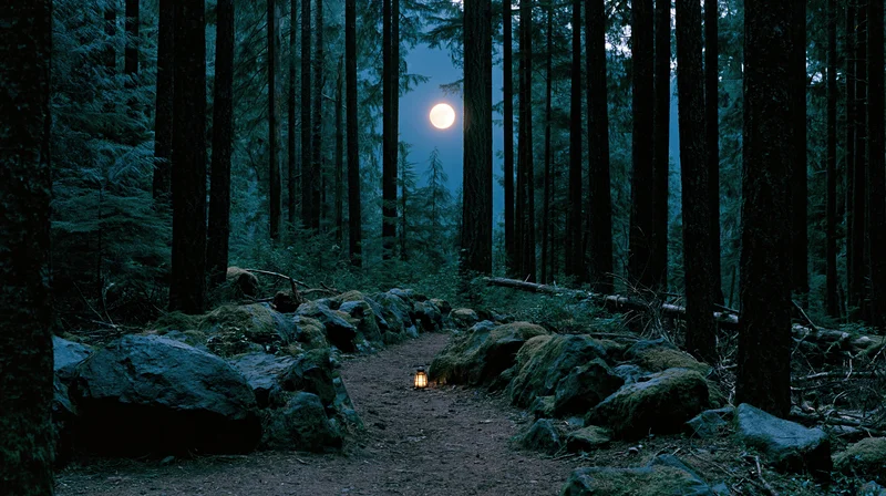 Moonlit dirt path winding through dense old-growth forest at night with lantern on ground