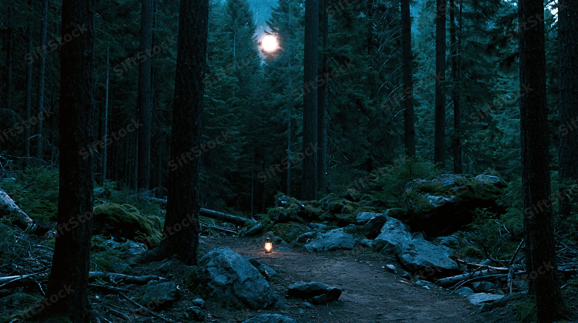 Dirt path winding through dense old-growth forest at night with moonlight and lantern light