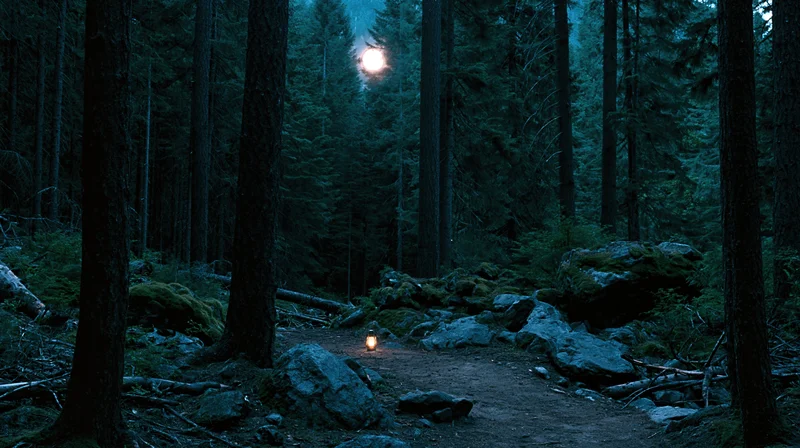 Dirt path winding through dense old-growth forest at night with moonlight and lantern light