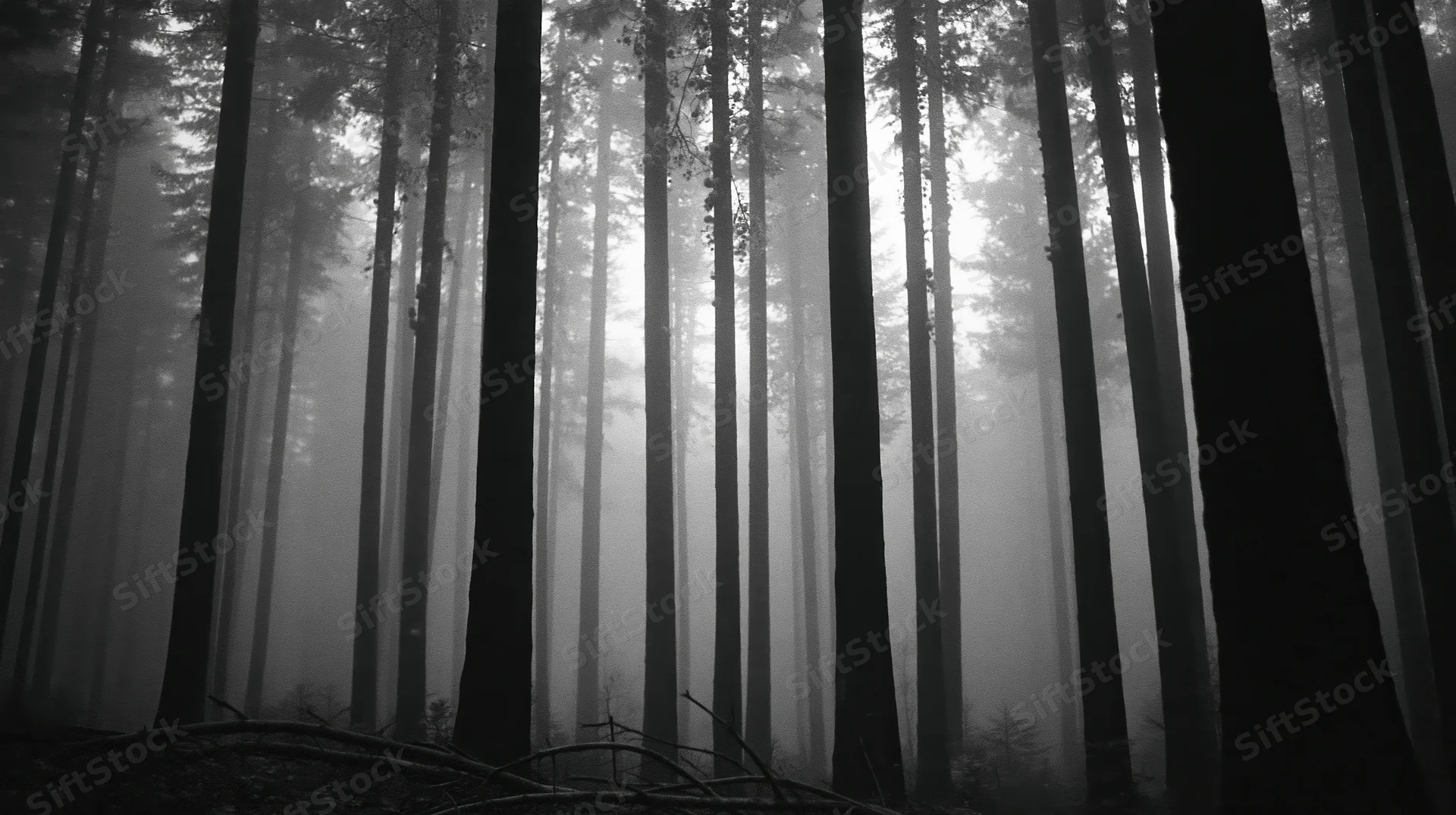 Tall pine trees in dense fog within a forest interior