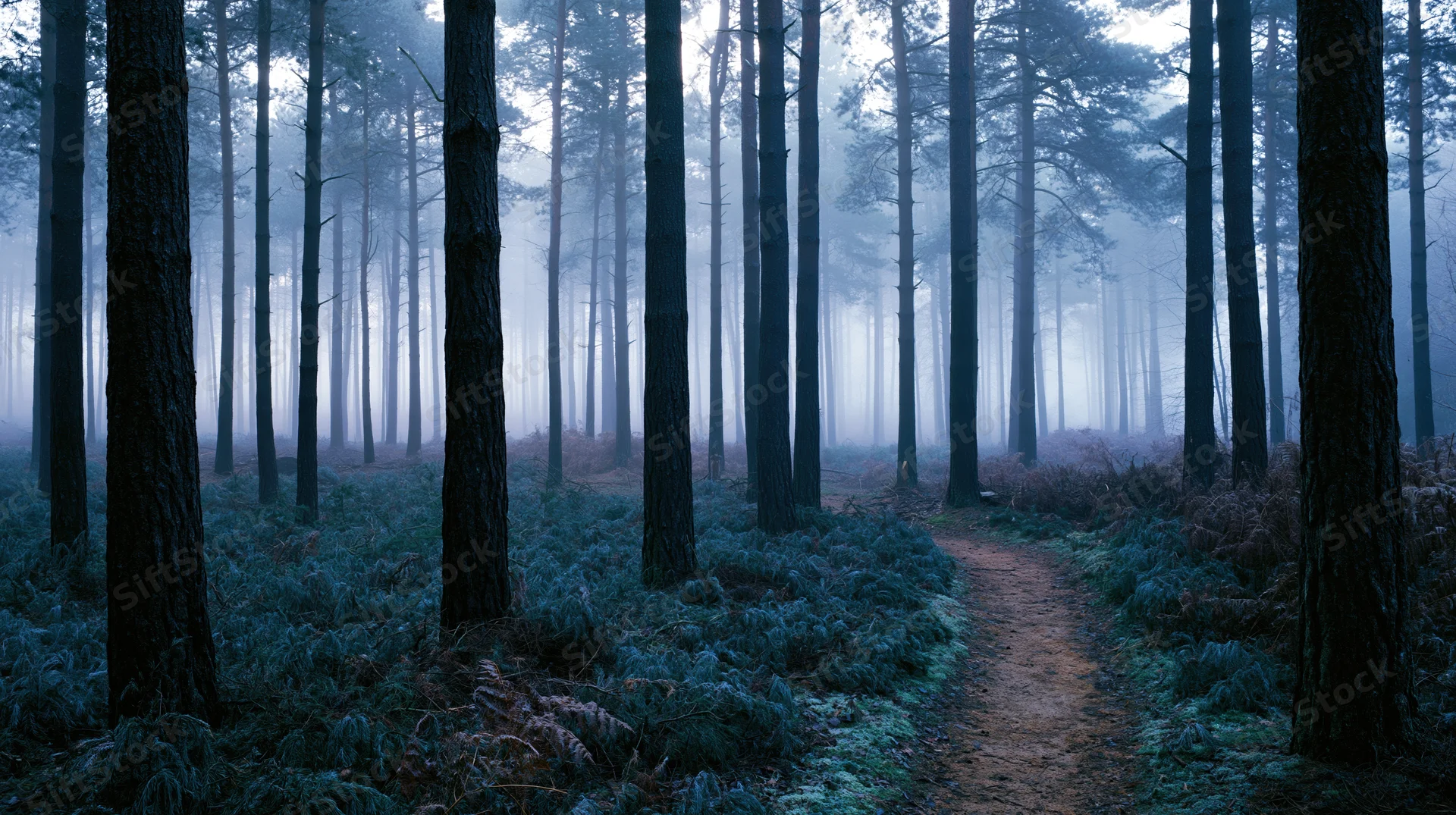 Narrow dirt path winding through dense pine forest shrouded in morning fog