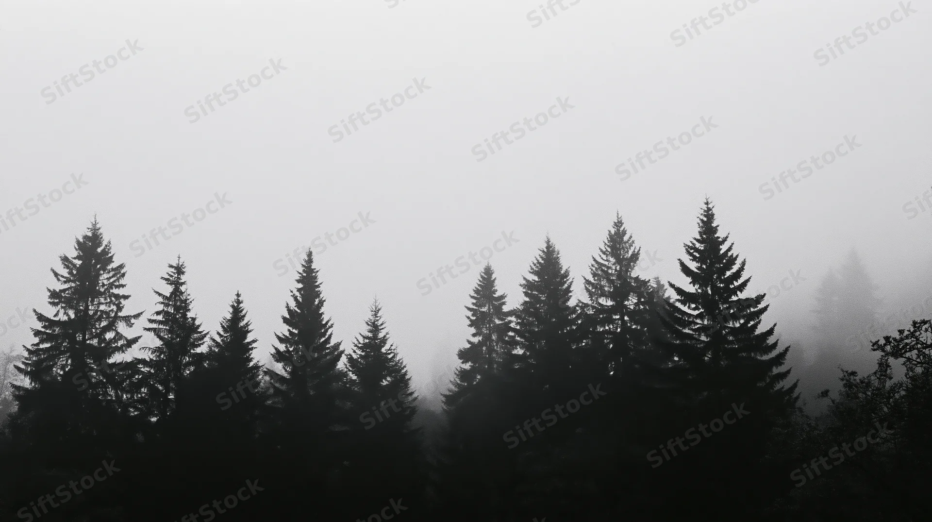 Dark conifer treetops silhouetted against thick fog in a forest landscape