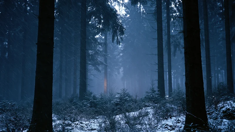 Dense spruce forest at night with light snowfall and misty atmosphere