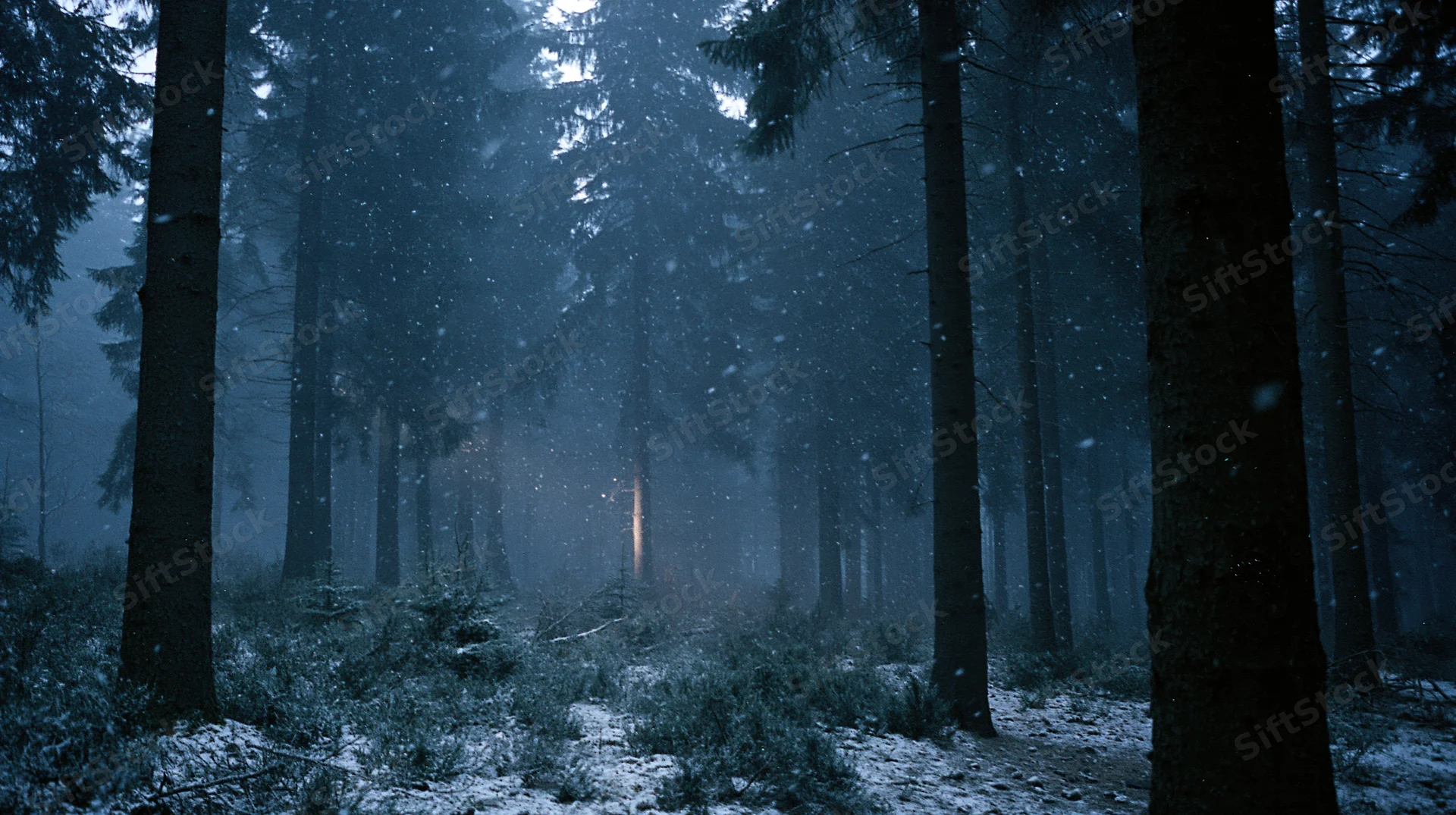 Dense spruce forest at night with light snowfall and misty atmosphere
