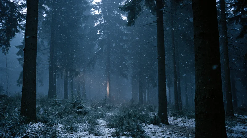 Dense spruce forest at night with light snowfall and misty atmosphere
