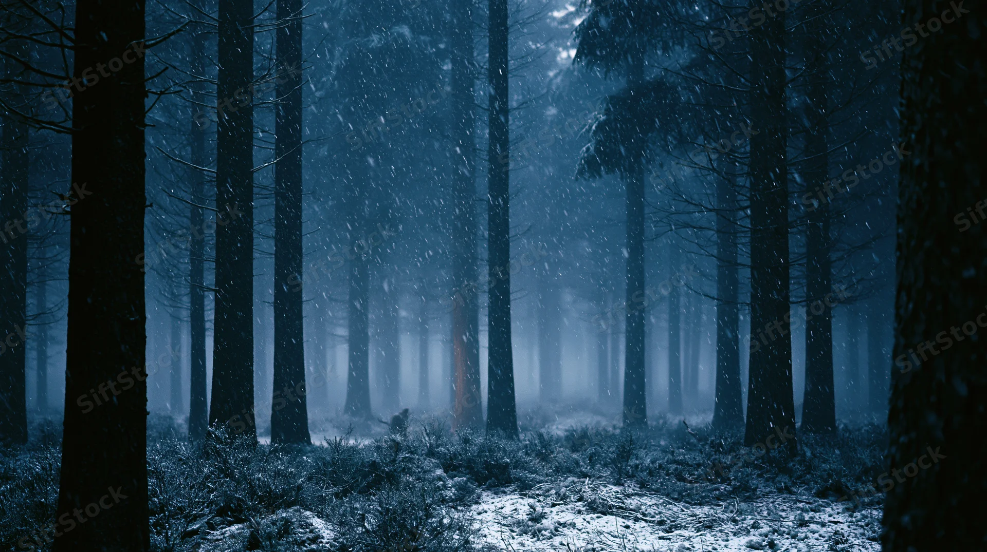 Dense spruce forest at night with light snowfall and misty atmosphere