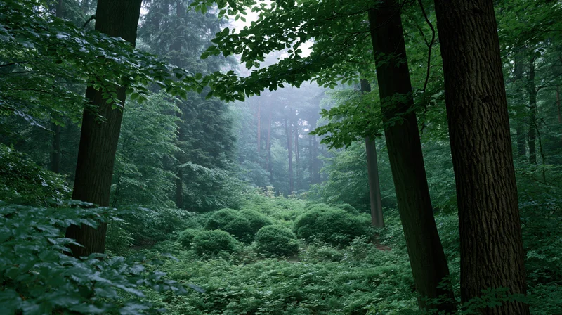 Dense temperate forest interior with misty light filtering through tall trees and lush green undergrowth