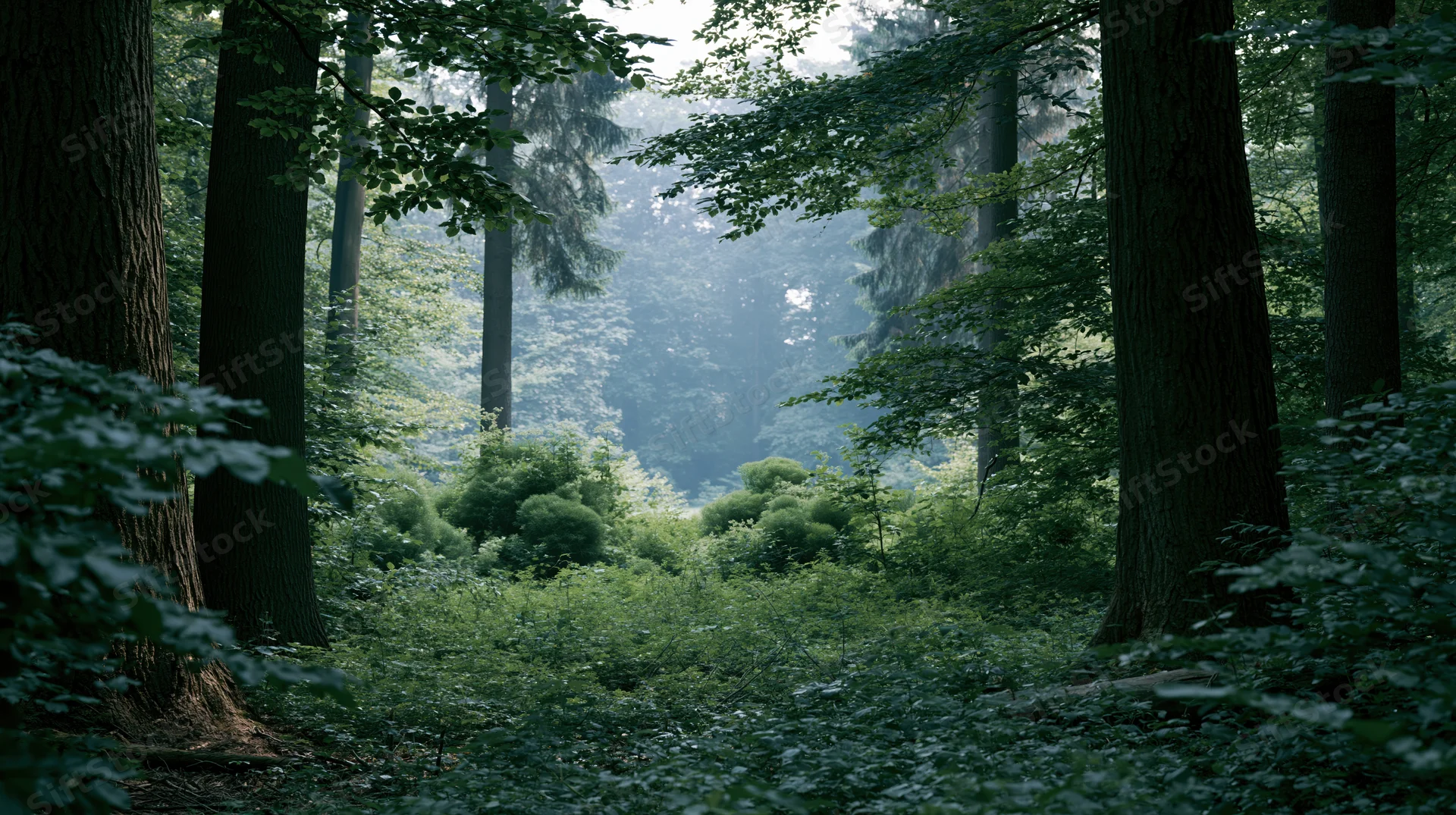 Dense temperate forest interior with sunlit clearing and dappled light filtering through canopy