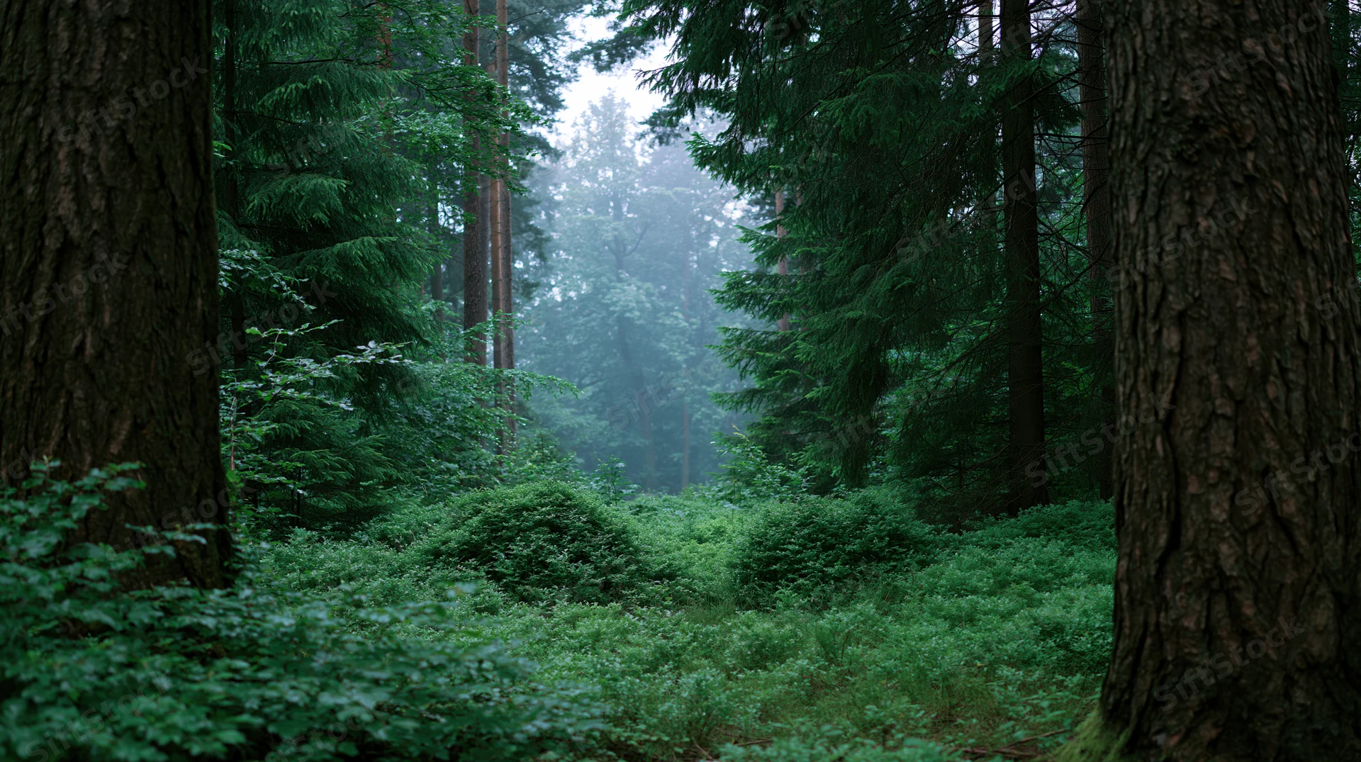 Dense temperate forest interior with tall conifer trees and a small sunlit clearing in the distance