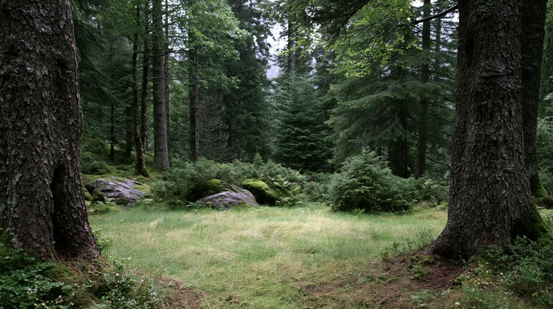 Dense temperate forest interior with large-trunked trees framing a grassy clearing with moss-covered rocks and understory foliage