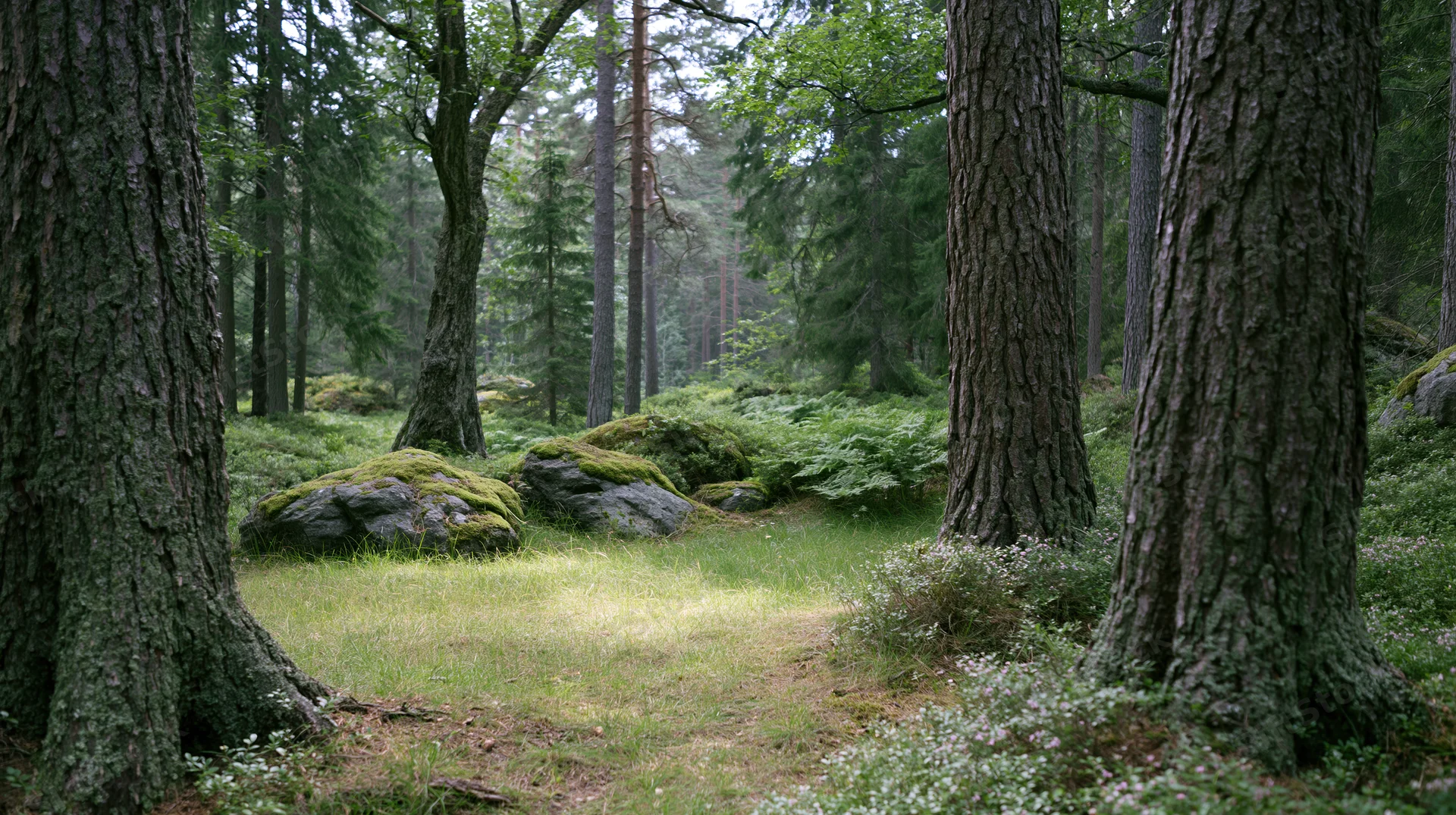 Dense temperate forest interior with large-trunked trees framing a mossy path through undergrowth