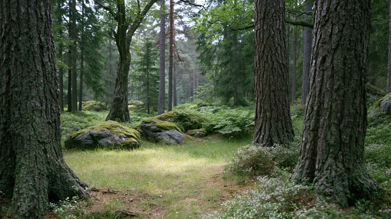 Dense temperate forest interior with large-trunked trees framing a mossy path through undergrowth