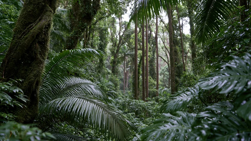 Dense tropical rainforest interior with tall trees and lush green foliage