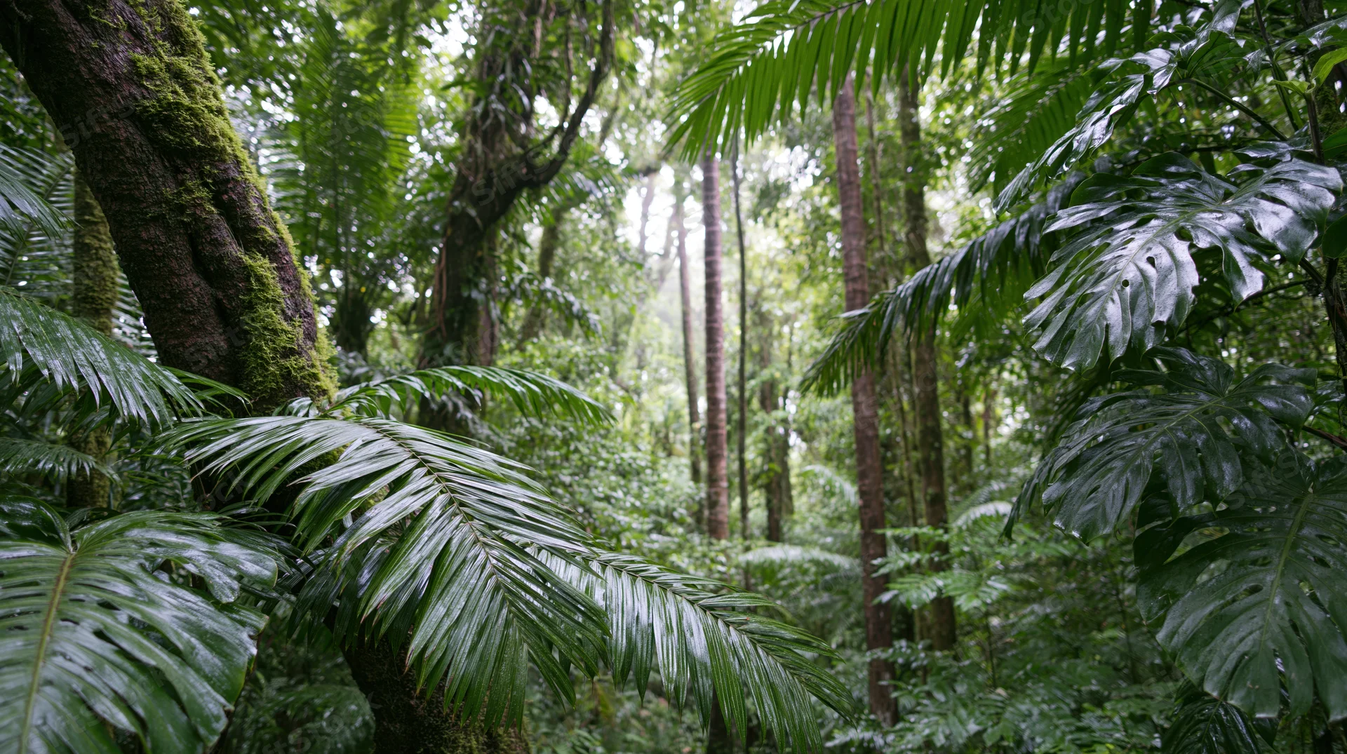 Dense tropical rainforest interior with tall trees and broad-leafed plants under a thick canopy