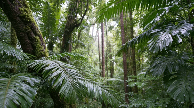 Dense tropical rainforest interior with tall trees and broad-leafed plants under a thick canopy