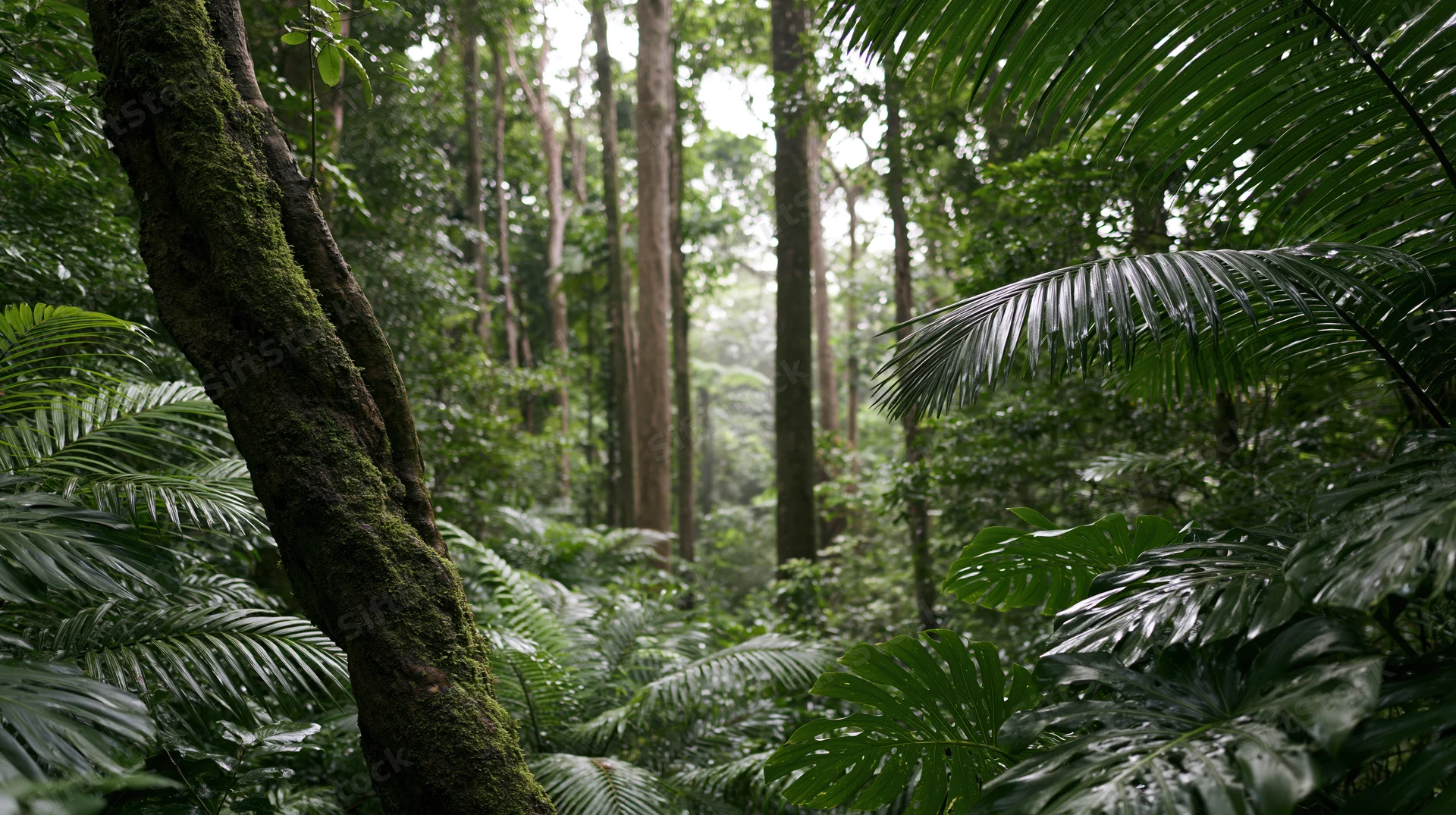 Dense tropical rainforest interior with moss-covered tree trunk and lush green foliage