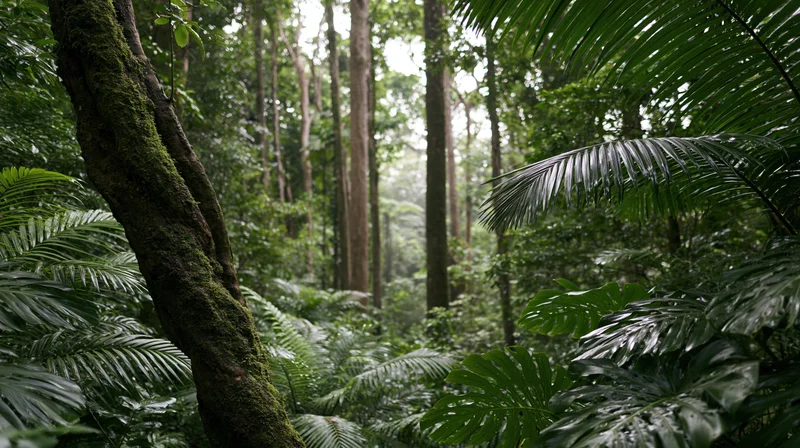 Dense tropical rainforest interior with moss-covered tree trunk and lush green foliage