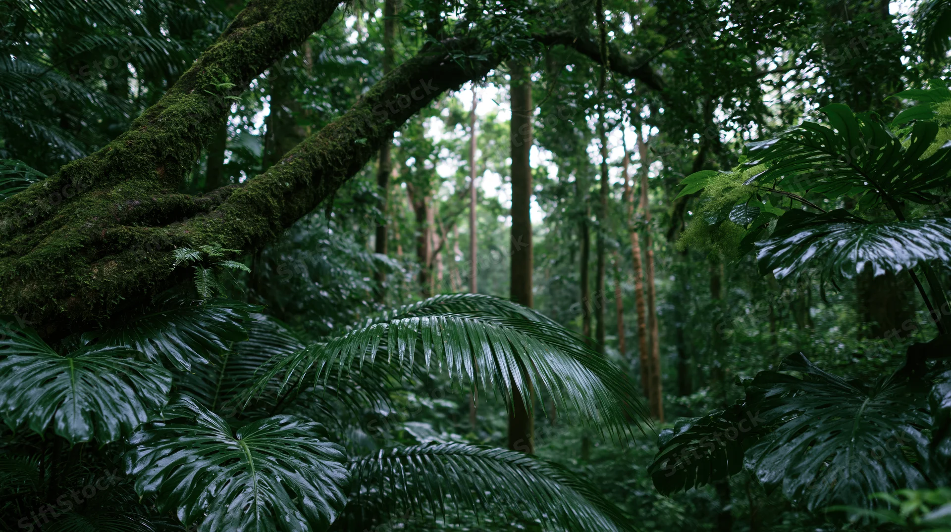 Dense tropical rainforest interior with moss-covered trees and broad-leafed plants under a canopy of green foliage