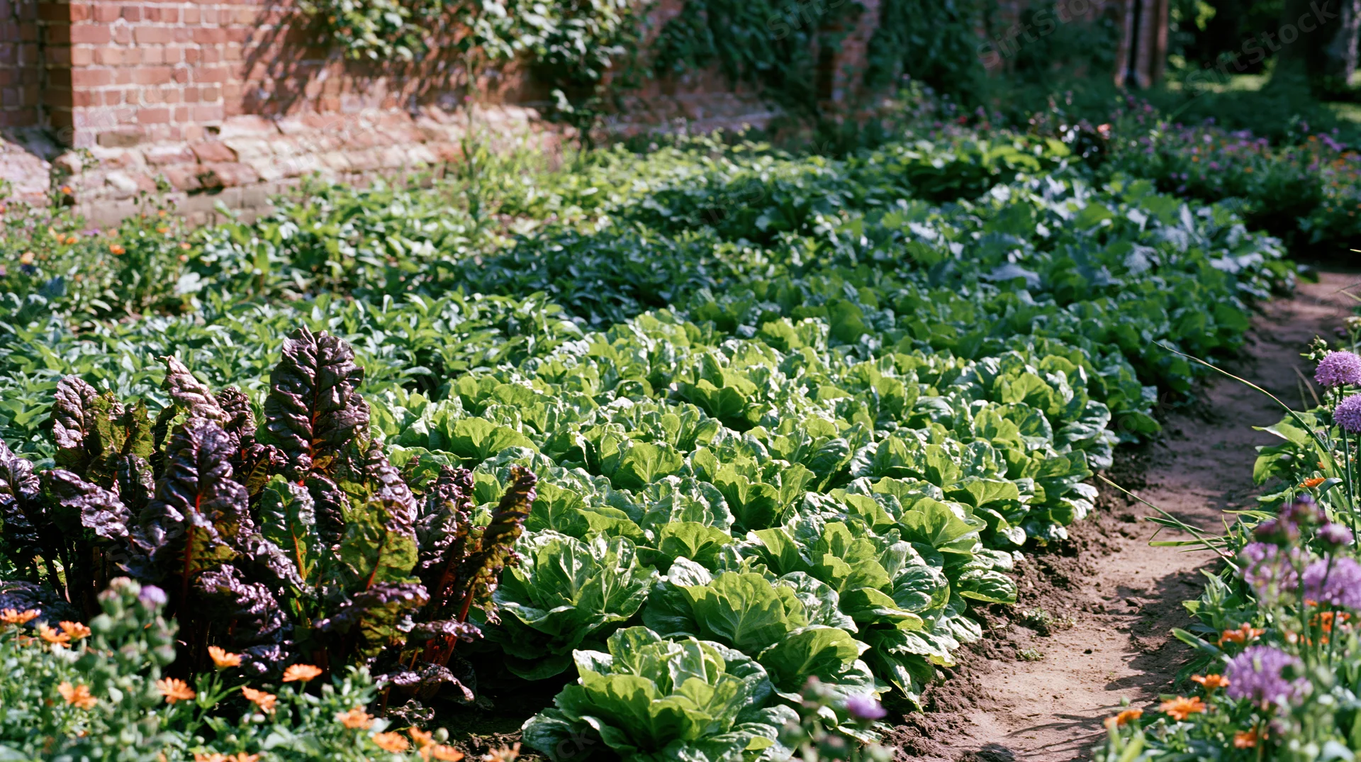 Rows of lettuce and chard growing in a kitchen garden with a brick wall border and flowering plants along a dirt path