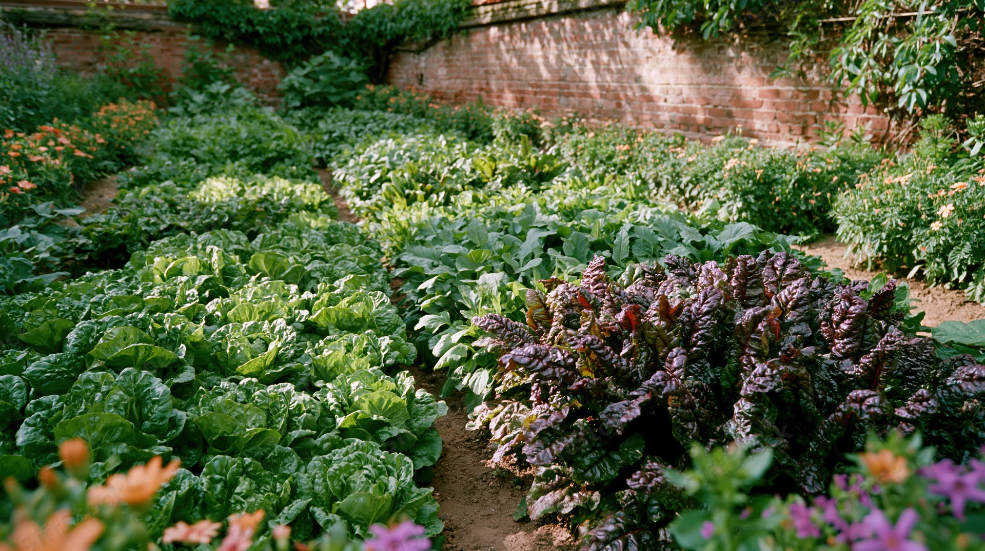 Rows of lettuce and chard growing in a kitchen garden bordered by a brick wall with flowering plants
