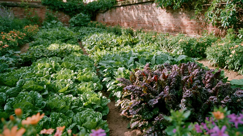 Rows of lettuce and chard growing in a kitchen garden bordered by a brick wall with flowering plants