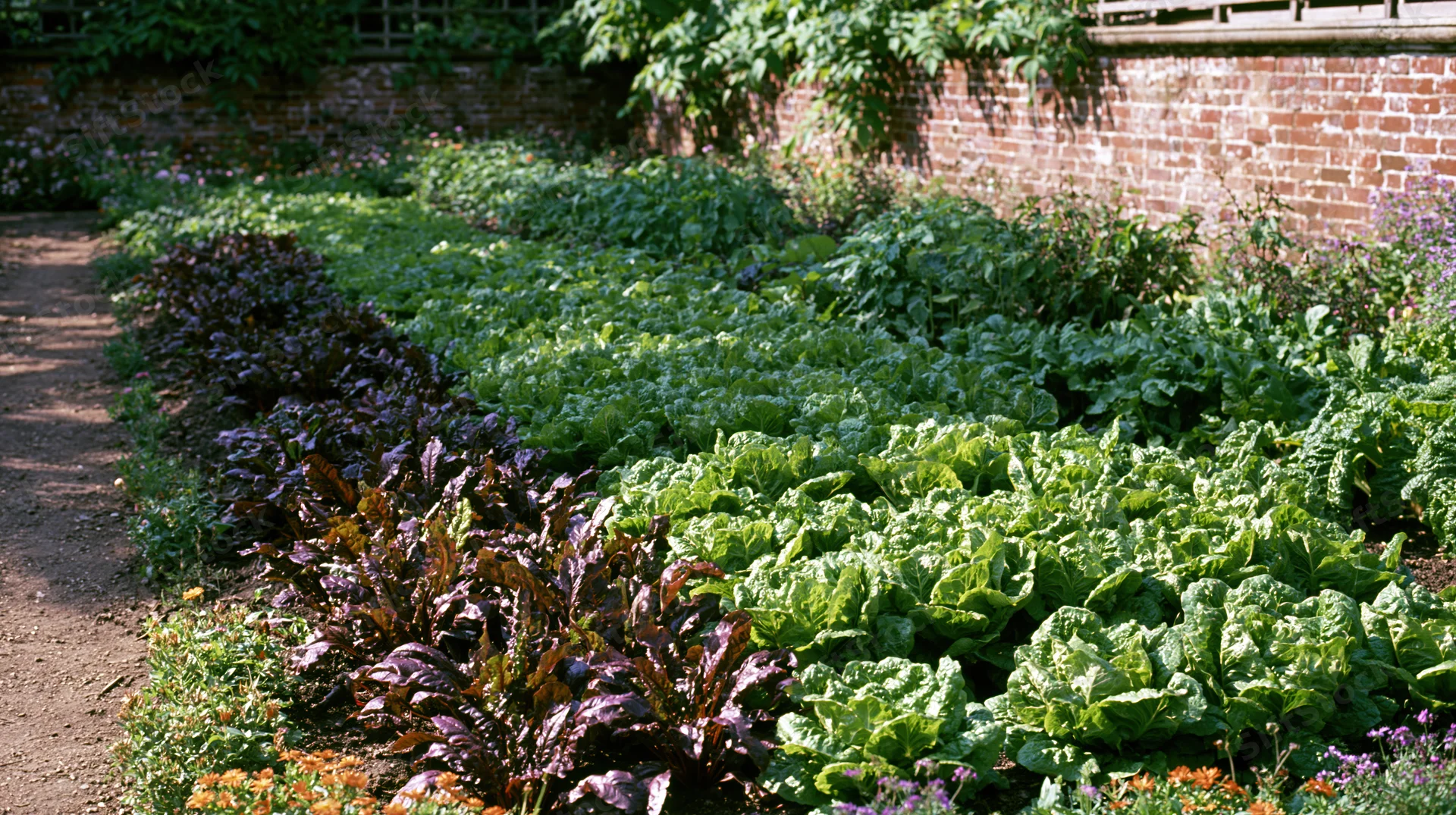 Rows of lettuce and chard growing in a kitchen garden beside a brick wall with a dirt path alongside