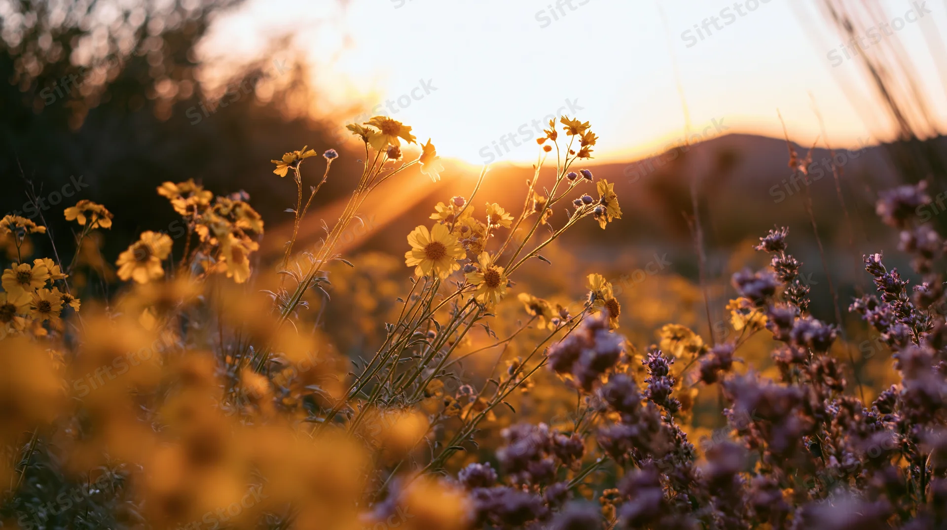 Wildflowers blooming in a desert field at golden hour with sunlight streaming through yellow brittlebush and purple blooms