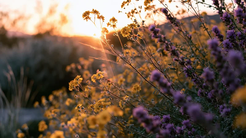 Desert wildflowers blooming in golden hour light with yellow brittlebush and purple blooms in foreground