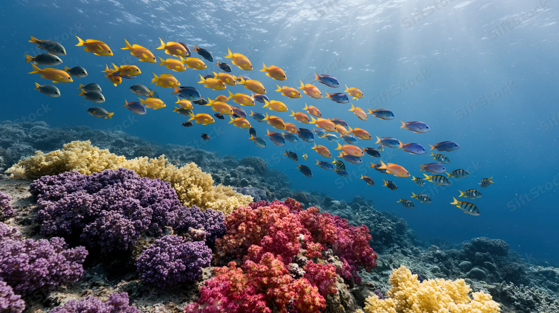 School of tropical fish swimming above a colorful coral reef in shallow ocean water