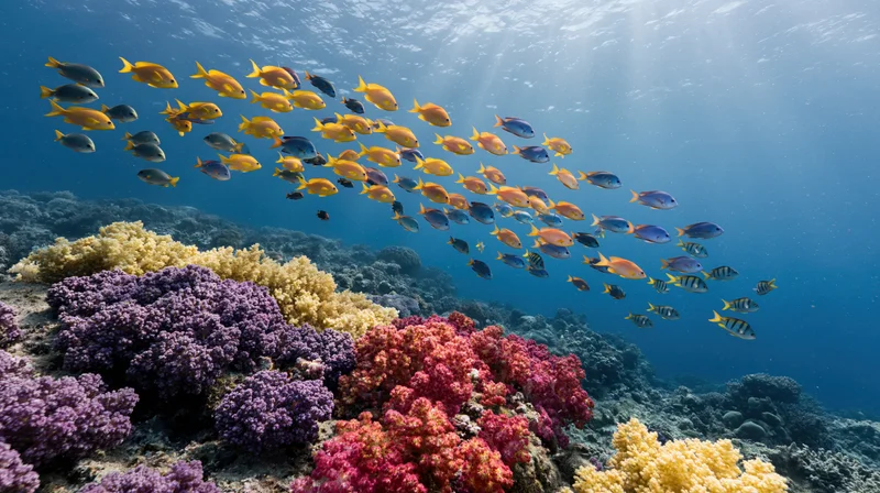 School of tropical fish swimming above a colorful coral reef in shallow ocean water