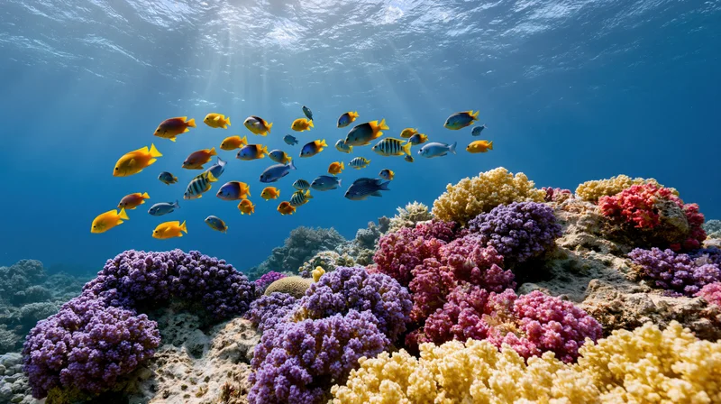 School of tropical fish swimming above a colorful coral reef in shallow ocean water