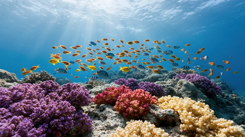 Colorful coral reef with tropical fish swimming in shallow ocean water under sunlight