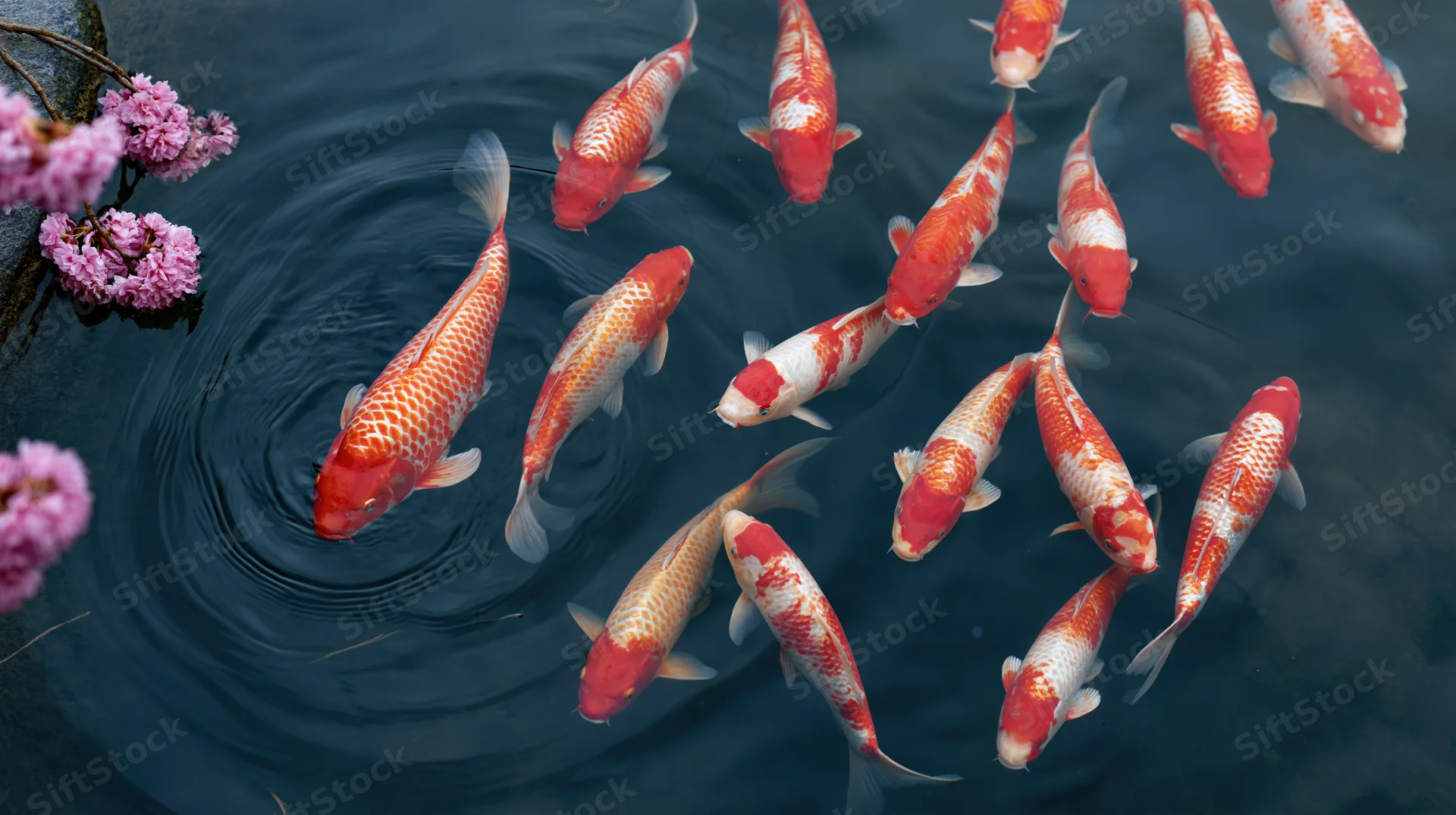 Koi fish swimming near the surface of a garden pond with cherry blossoms floating nearby