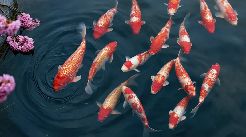 Koi fish swimming near the surface of a garden pond with cherry blossoms floating nearby