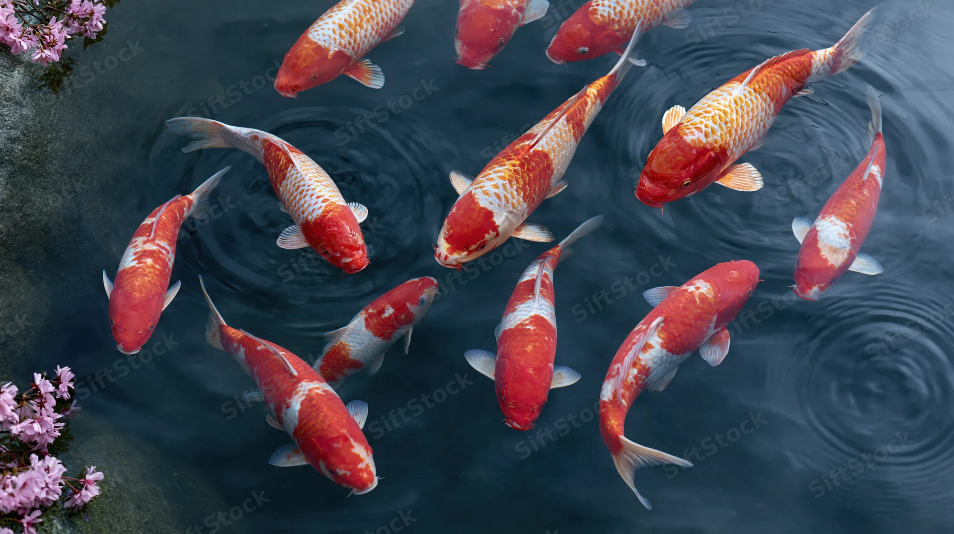 Koi fish swimming near the surface of a garden pond with cherry blossoms along the edge