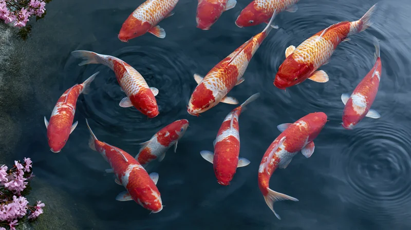 Koi fish swimming near the surface of a garden pond with cherry blossoms along the edge