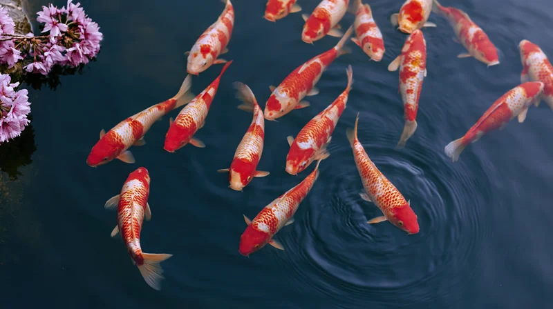 Koi fish swimming near the surface of a garden pond with cherry blossoms in bloom