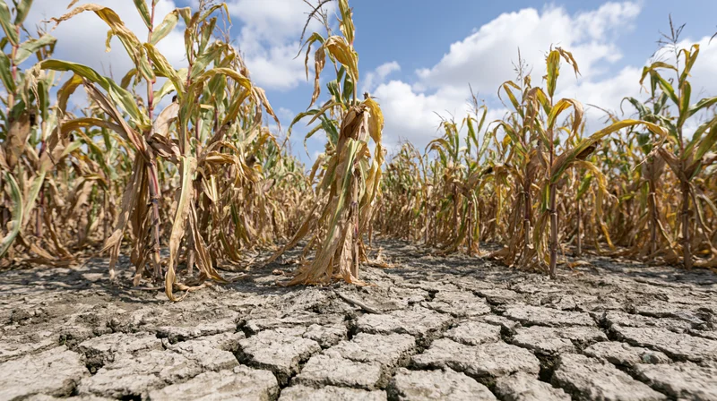 Drought-stressed corn stalks with yellowing wilting leaves in a cracked soil field under a blue sky